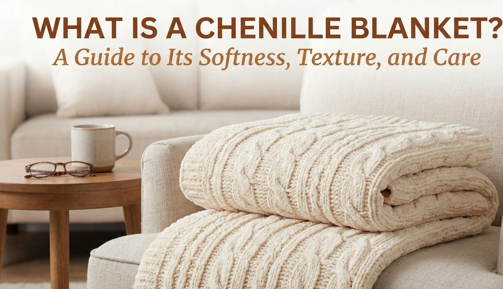 Soft white chenille knit blanket draped over a cozy sofa