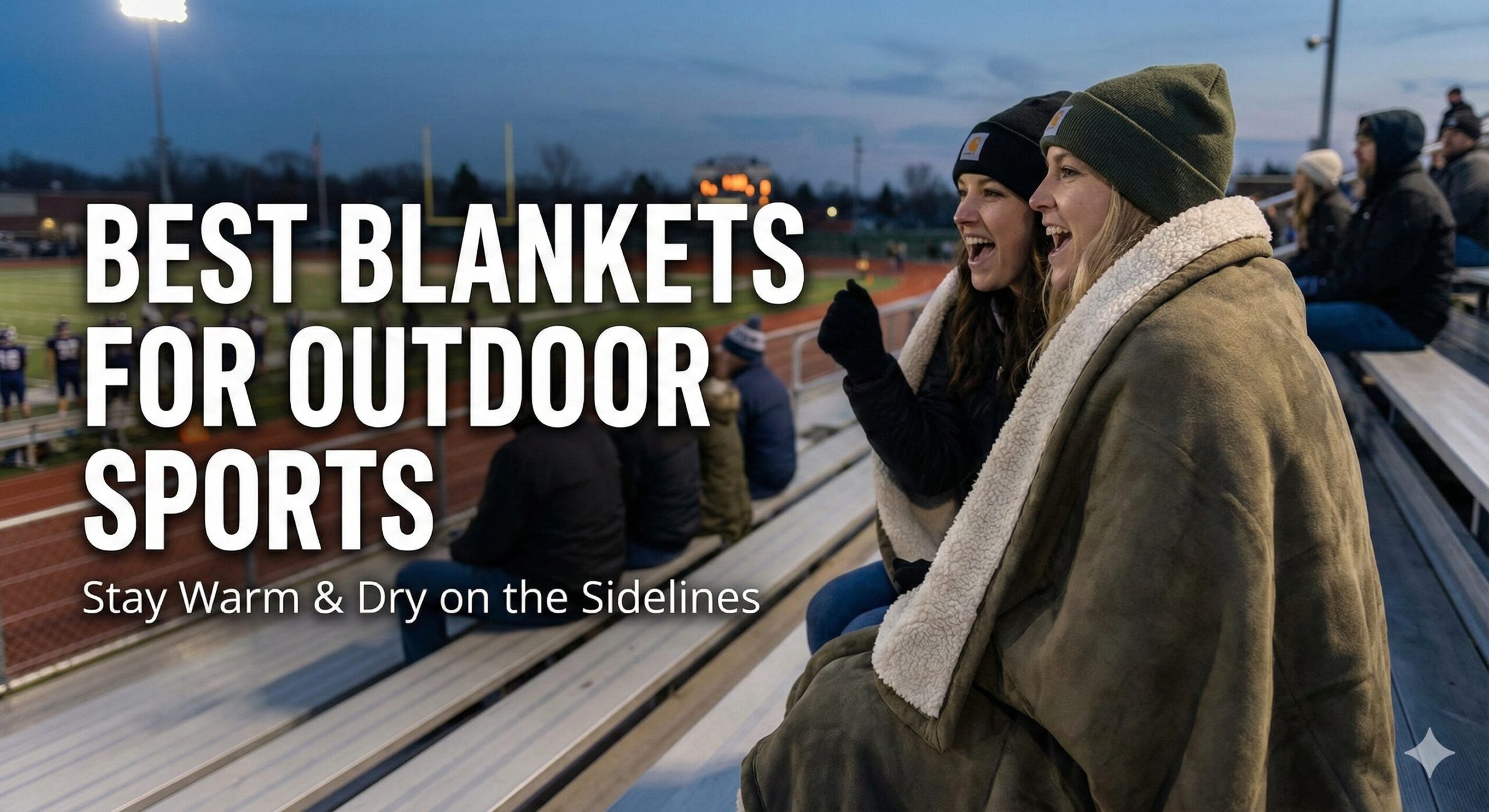 Spectators using warm blankets at a cold outdoor football stadium