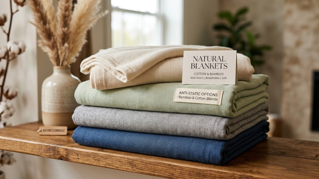 Natural cotton and bamboo blankets folded showing anti-static fabric options
