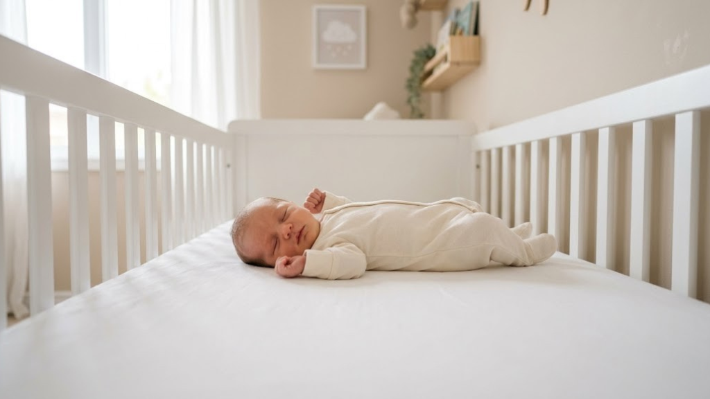Newborn baby sleeping safely on back in clean crib with no loose bedding