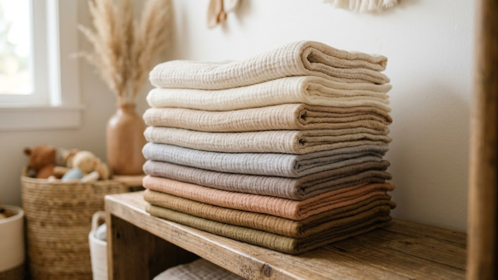 Stack of soft muslin blankets in neutral tones