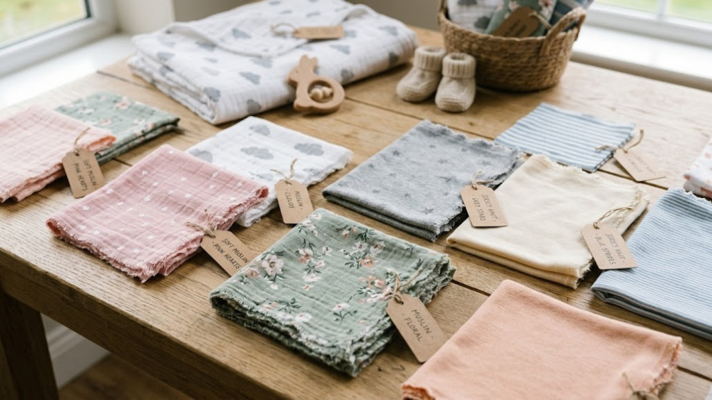 Various fabric swatches for baby blankets including muslin and jersey knit