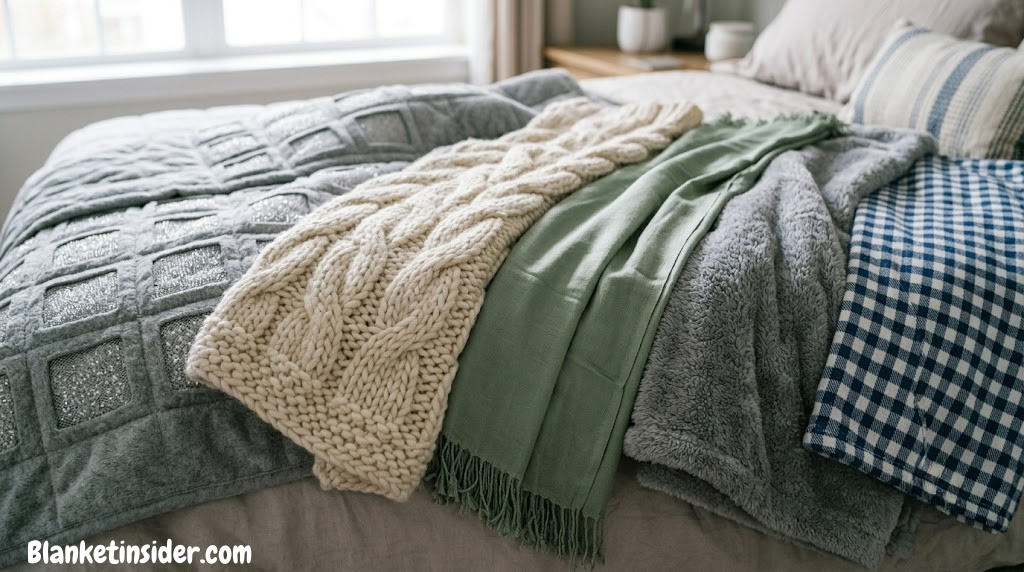Assorted blanket fabric textures — cotton, wool, fleece, and bamboo throws layered on a bed