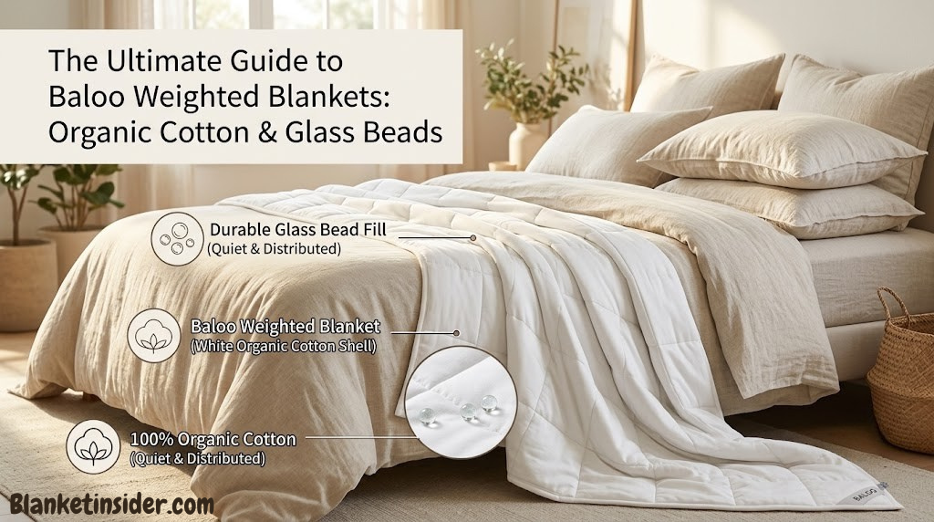Baloo Weighted Blanket draped over a linen bed — organic cotton shell and glass bead fill