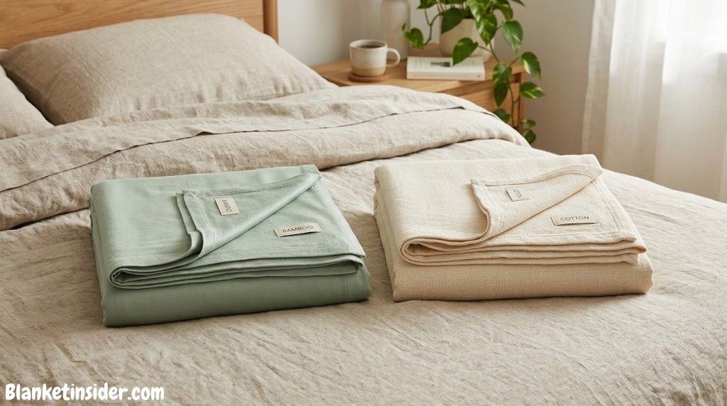 Bamboo vs cotton blanket comparison — folded blankets in soft sage and natural cream on linen bed
