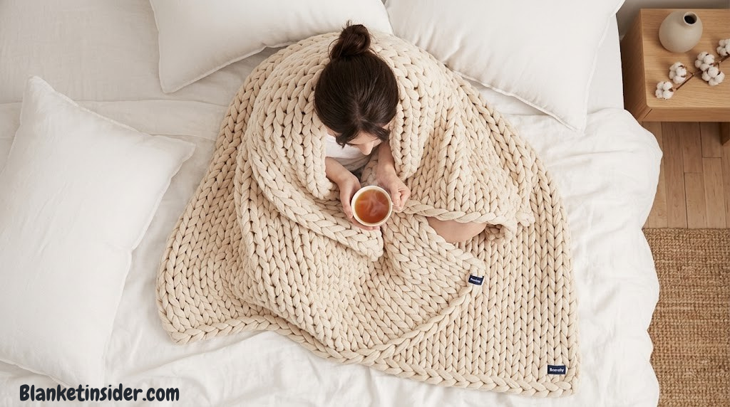 Bearaby Tree Napper organic hand-knit weighted blanket in natural cotton