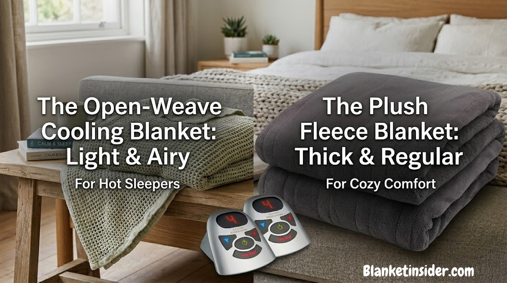 Biddeford MicroPlush Electric Heated Blanket draped across a bedroom — warm tones, soft fabric