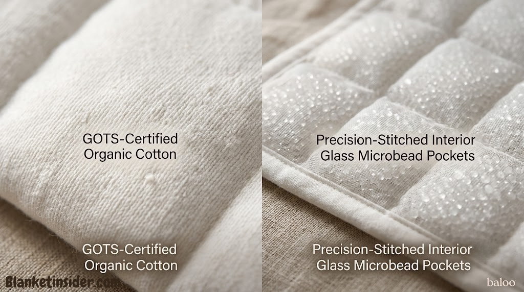 Close-up of Baloo Weighted Blanket GOTS-certified cotton weave and interior glass microbead pockets
