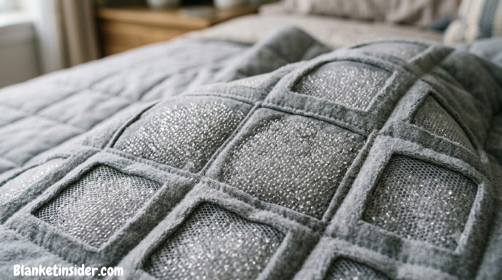 Close-up of a grey weighted blanket with glass bead filling visible through fabric layers