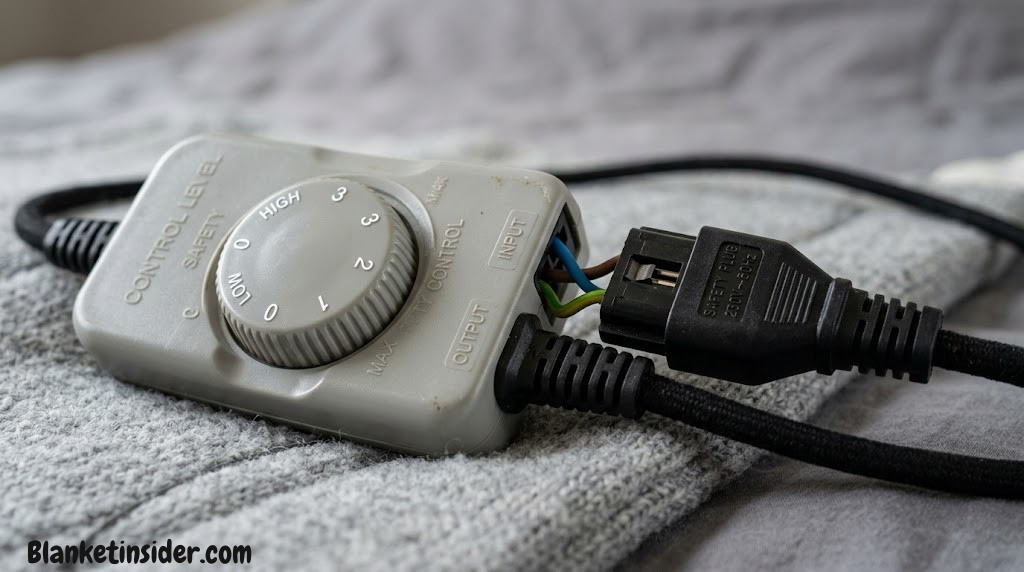 Close-up of an electric blanket controller dial and wiring connectors — key components in electric blanket safety