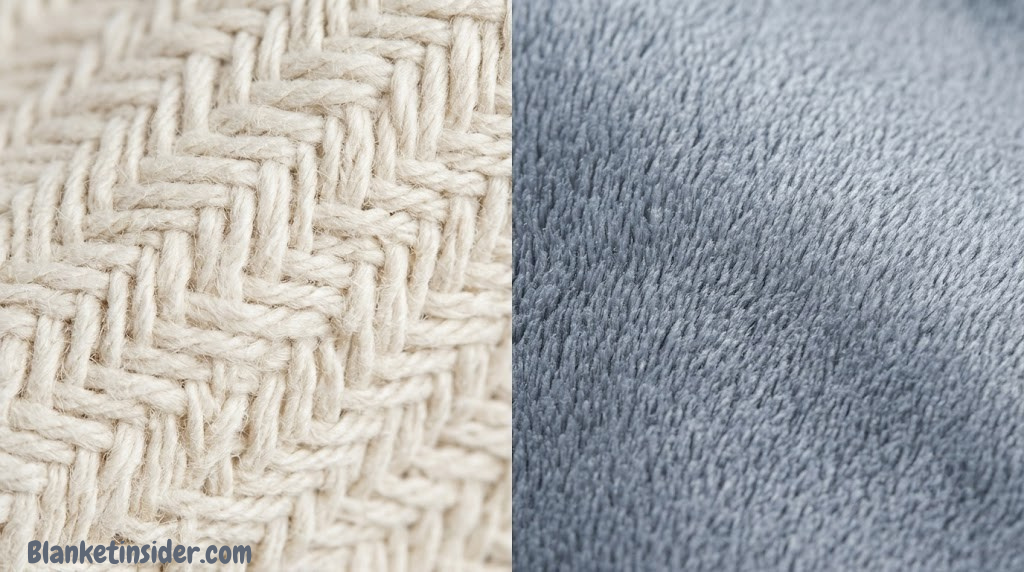 Close-up of cotton fiber weave on the left and polyester microfiber texture on the right, illustrating the textural difference between the two blanket materials