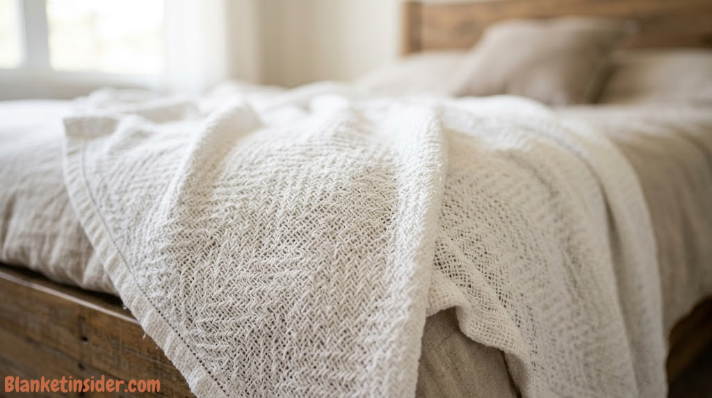Close-up of lightweight woven cotton cooling blanket texture