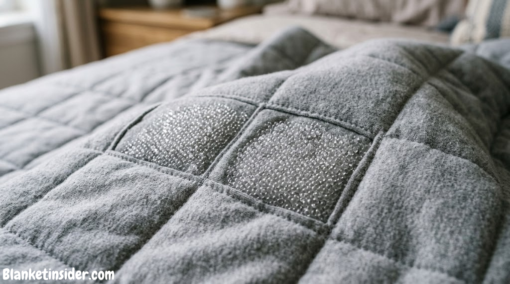 Close-up of the Gravity Blanket's micro glass bead fill visible through the inner quilted grid pattern