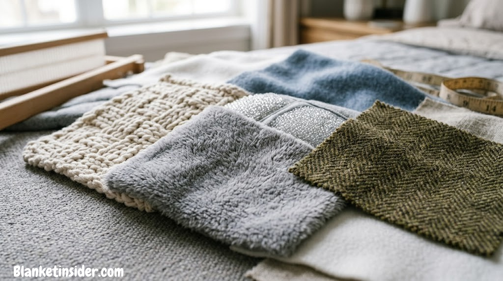 Close-up of various blanket fabric swatches including knit cotton, plush fleece, and herringbone wool