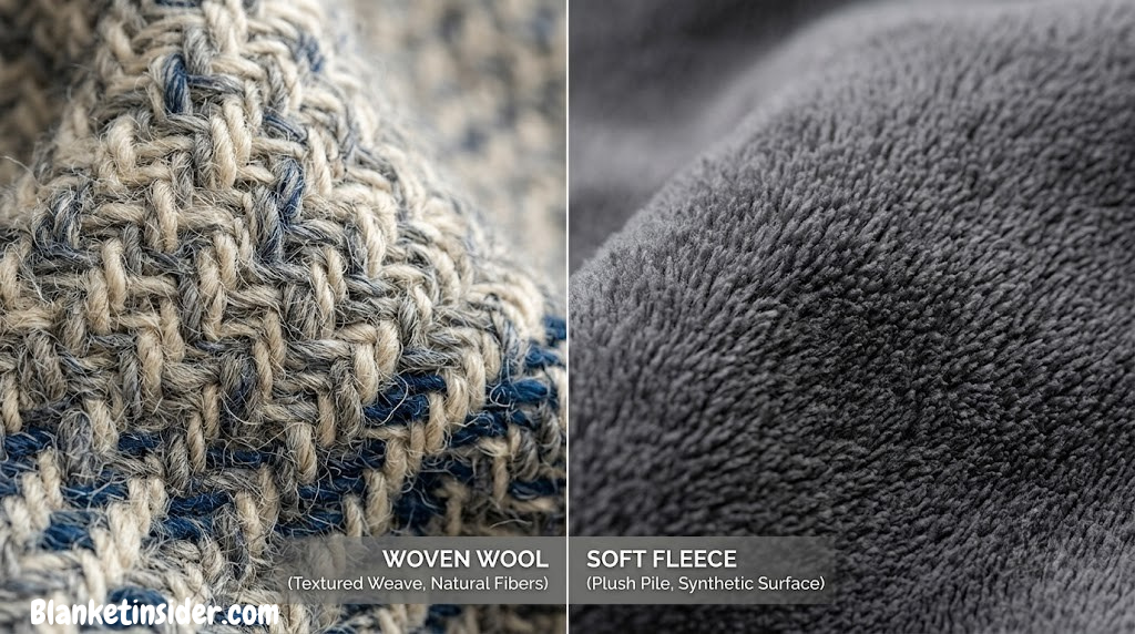 Close-up texture comparison of a wool blanket weave and fleece blanket surface