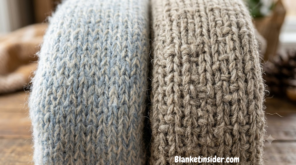 Close-up texture comparison of an acrylic throw (left) and a wool throw (right)