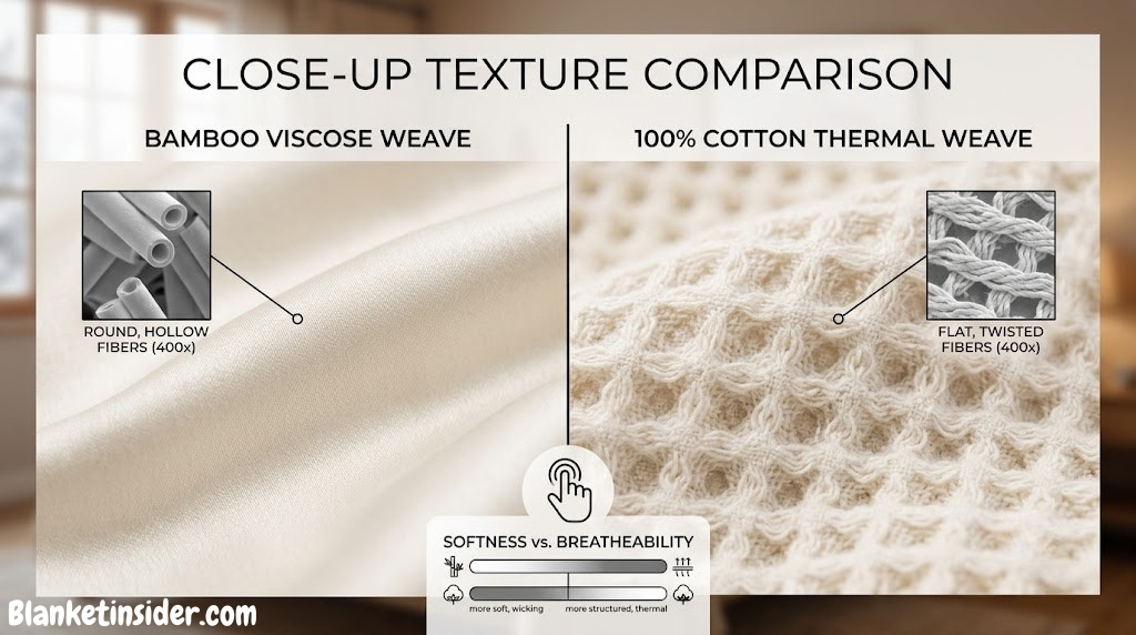 Close-up texture comparison of bamboo viscose weave versus 100% cotton thermal weave blankets