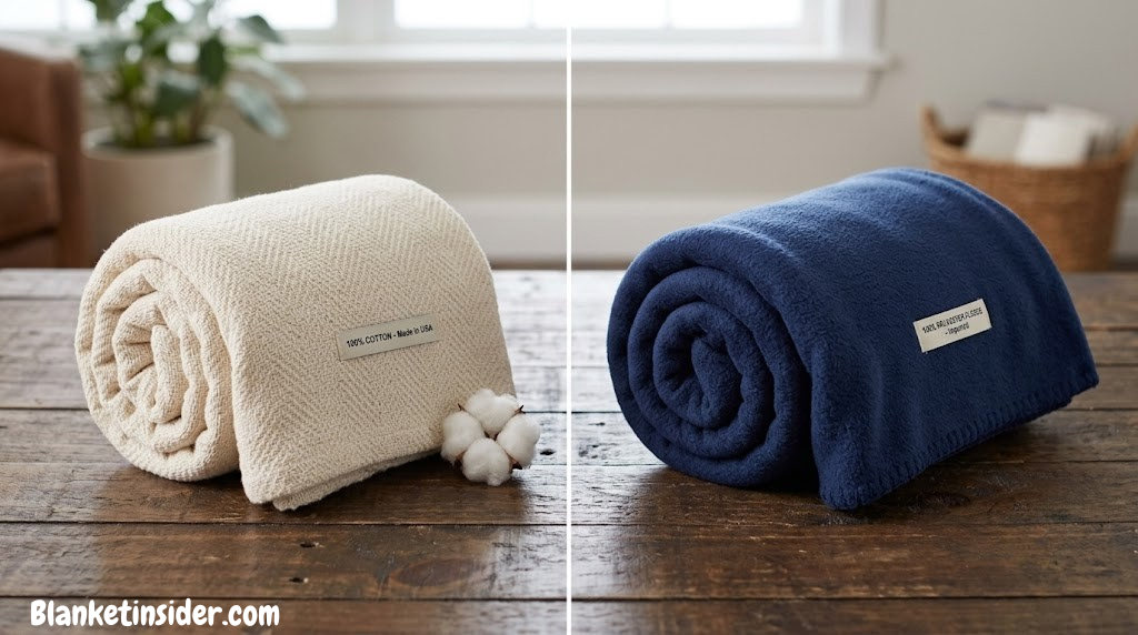 Cotton blanket on left, polyester fleece blanket on right — side by side comparison on a wooden surface