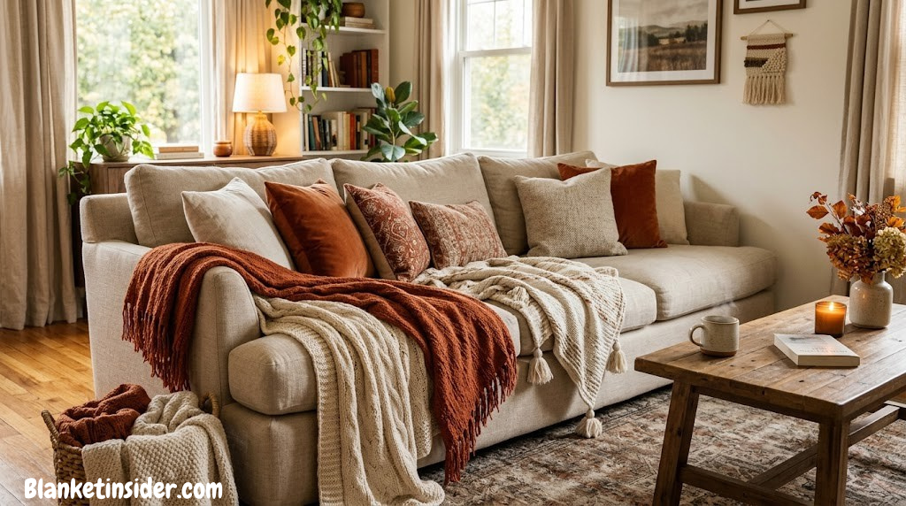 Cozy living room sofa layered with cream and terracotta throw blankets
