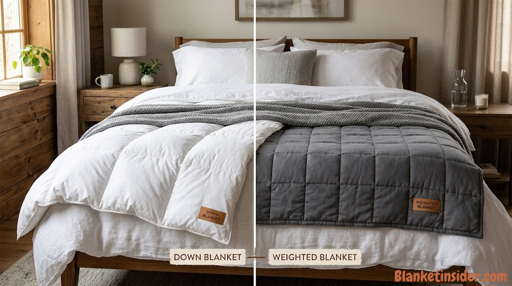 Down blanket on the left, weighted blanket on the right — side-by-side comparison on a cozy bed