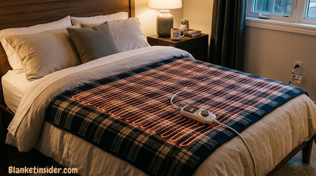 Electric blanket on a bed with glowing heating wires visible, representing electric blanket safety awareness