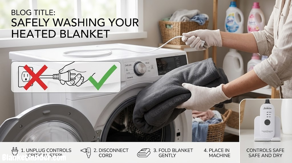 Electric heated blanket being placed into a washing machine safely with controls unplugged