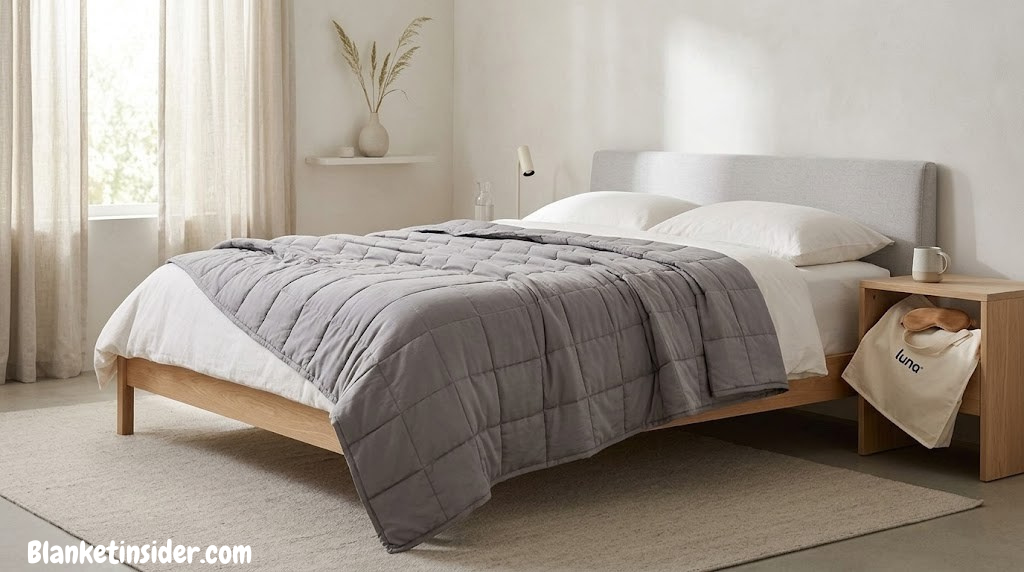 Luna Weighted Blanket draped over a bed in a calm, minimal bedroom