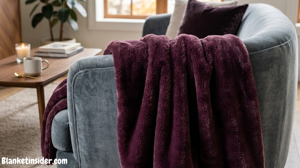 Luxurious plum-toned mink-style blanket draped over a sofa arm, showing the deep pile texture and rich color