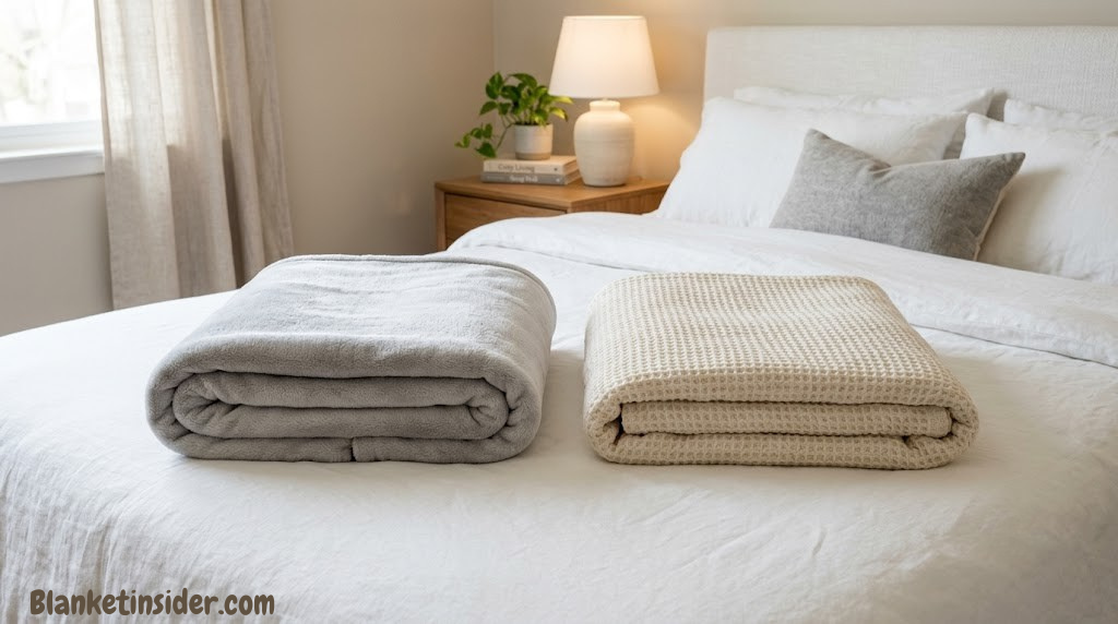 Microfiber and cotton blankets folded side by side on a bed