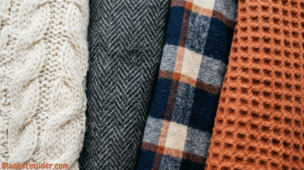 Close-up of different blanket fabric textures showing weave patterns