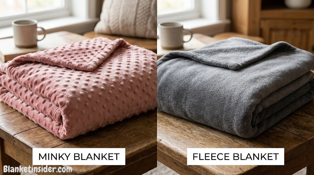 Minky and fleece blankets side by side comparison