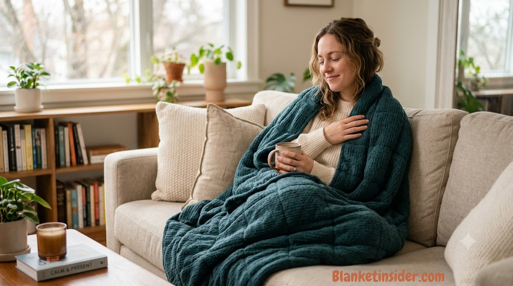 Person wrapped in a soft weighted blanket for anxiety relief