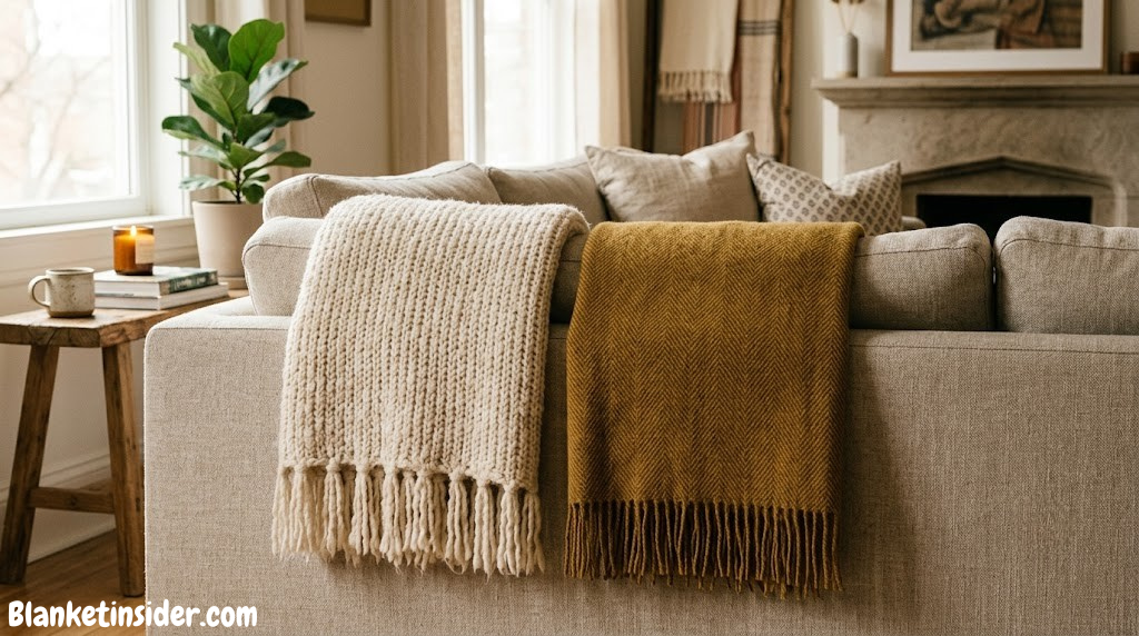 Side-by-side acrylic and wool throw blankets draped over a sofa