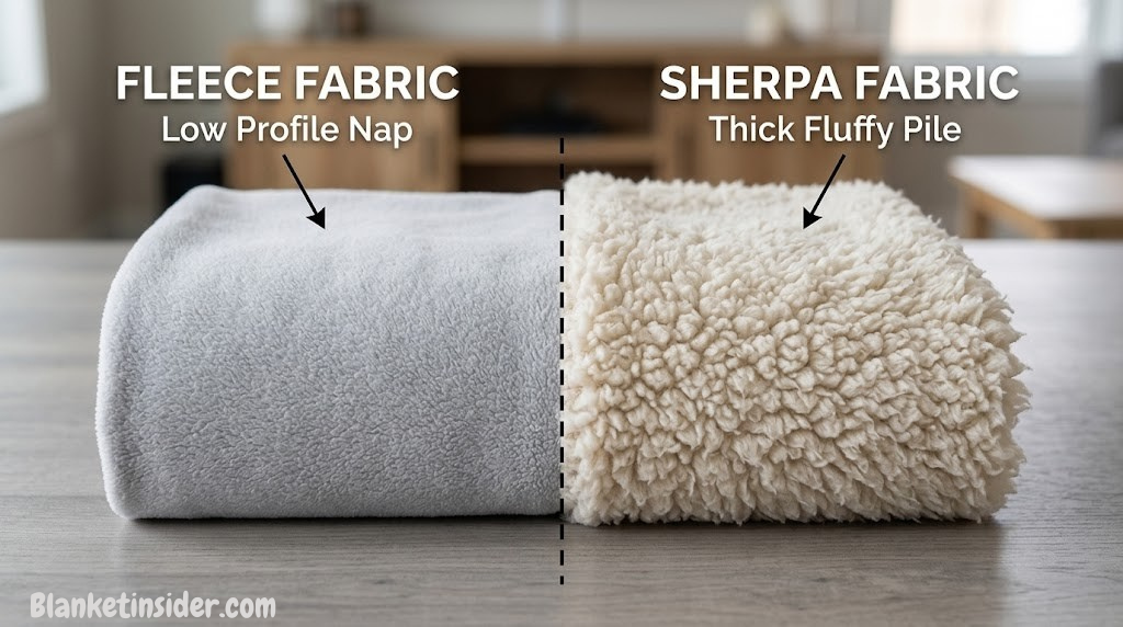Side-by-side texture of fleece fabric left and Sherpa fabric right showing pile difference