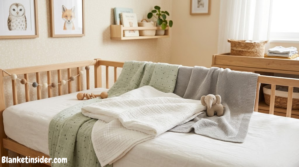 Soft muslin and cotton baby blankets on a nursery bed