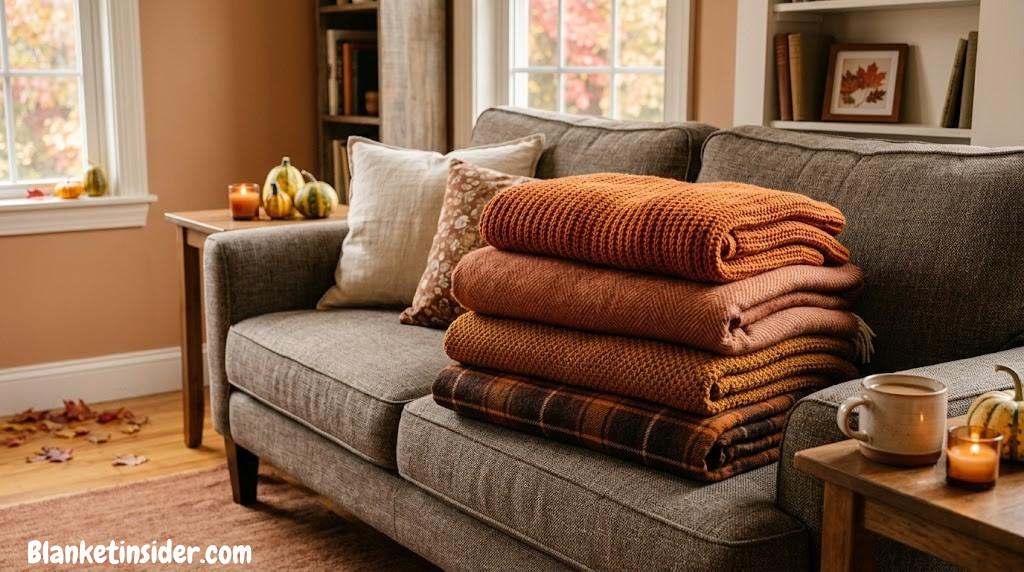Stacked throw blankets in warm autumn tones draped over a sofa