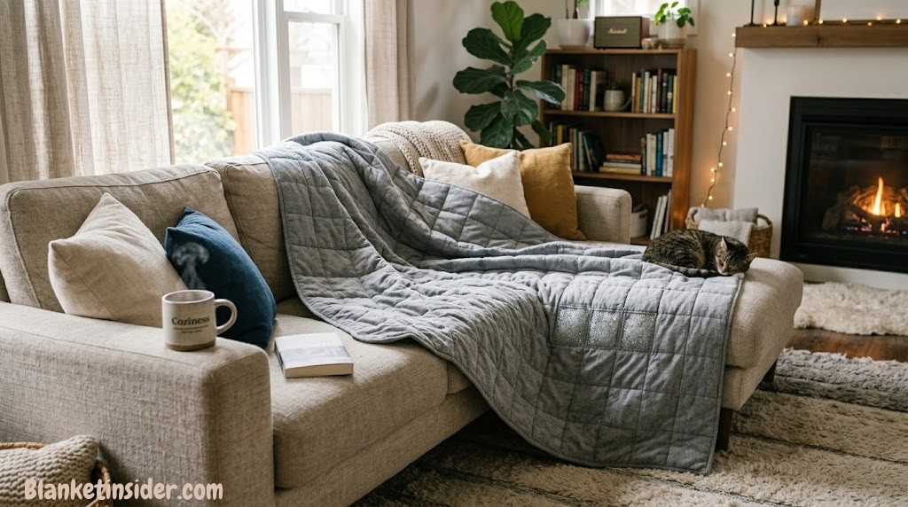 Weighted blanket draped over a couch in a cozy living room