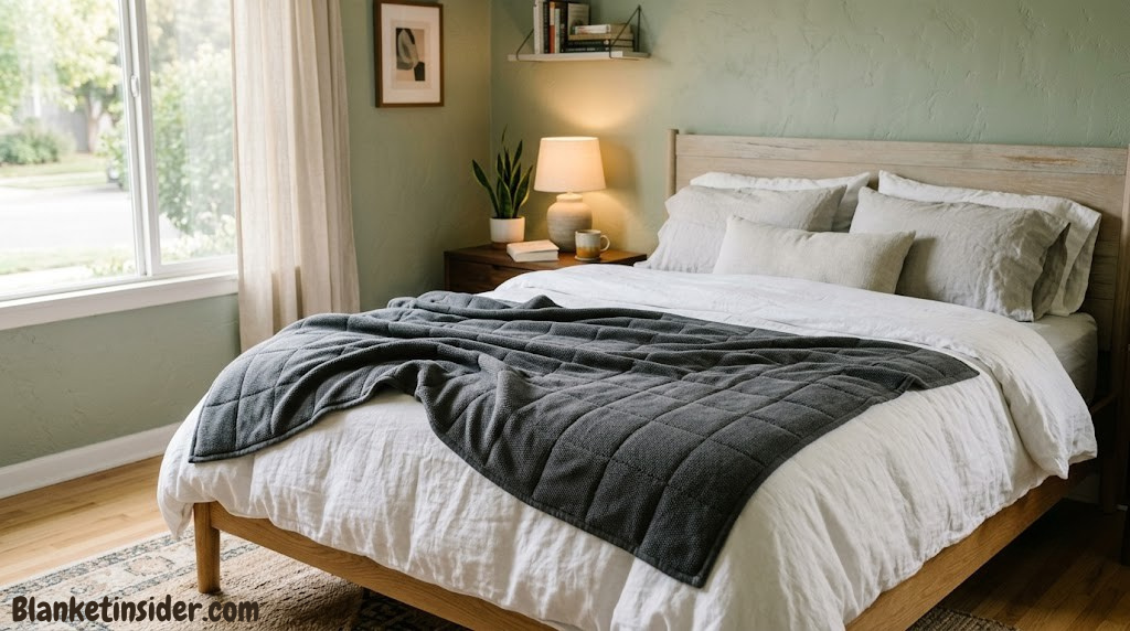 Weighted blanket laid out on a white bed — product shot