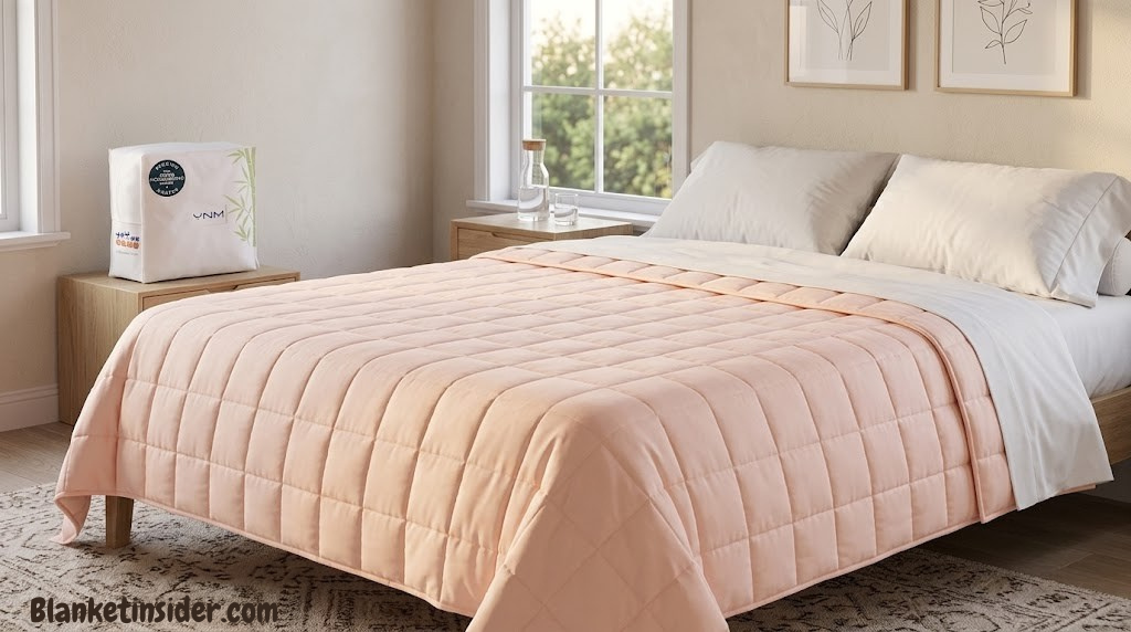 YnM Cooling Weighted Blanket laid on bed