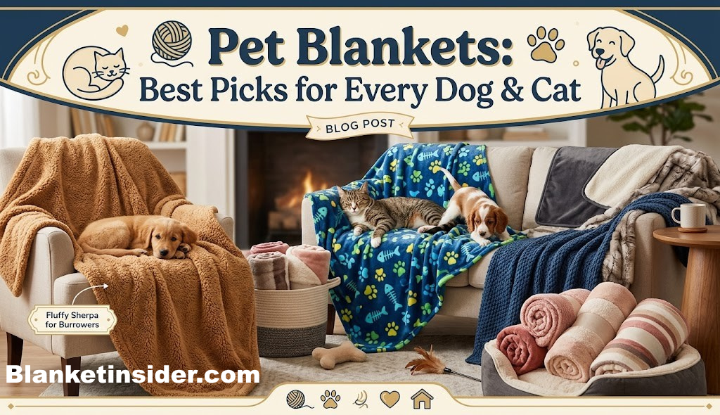 A golden retriever dog snuggled happily in a plush gray blanket on a couch.