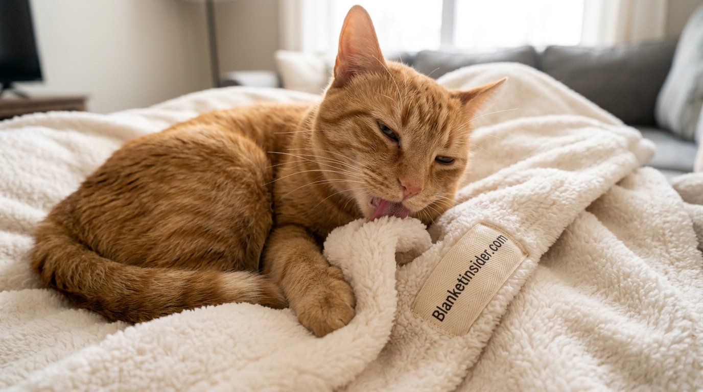 Cat lying on a soft blanket, licking the fabric