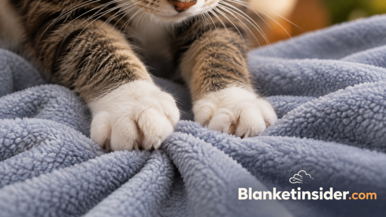 Close-up of a cats paw kneading a fleece blanket