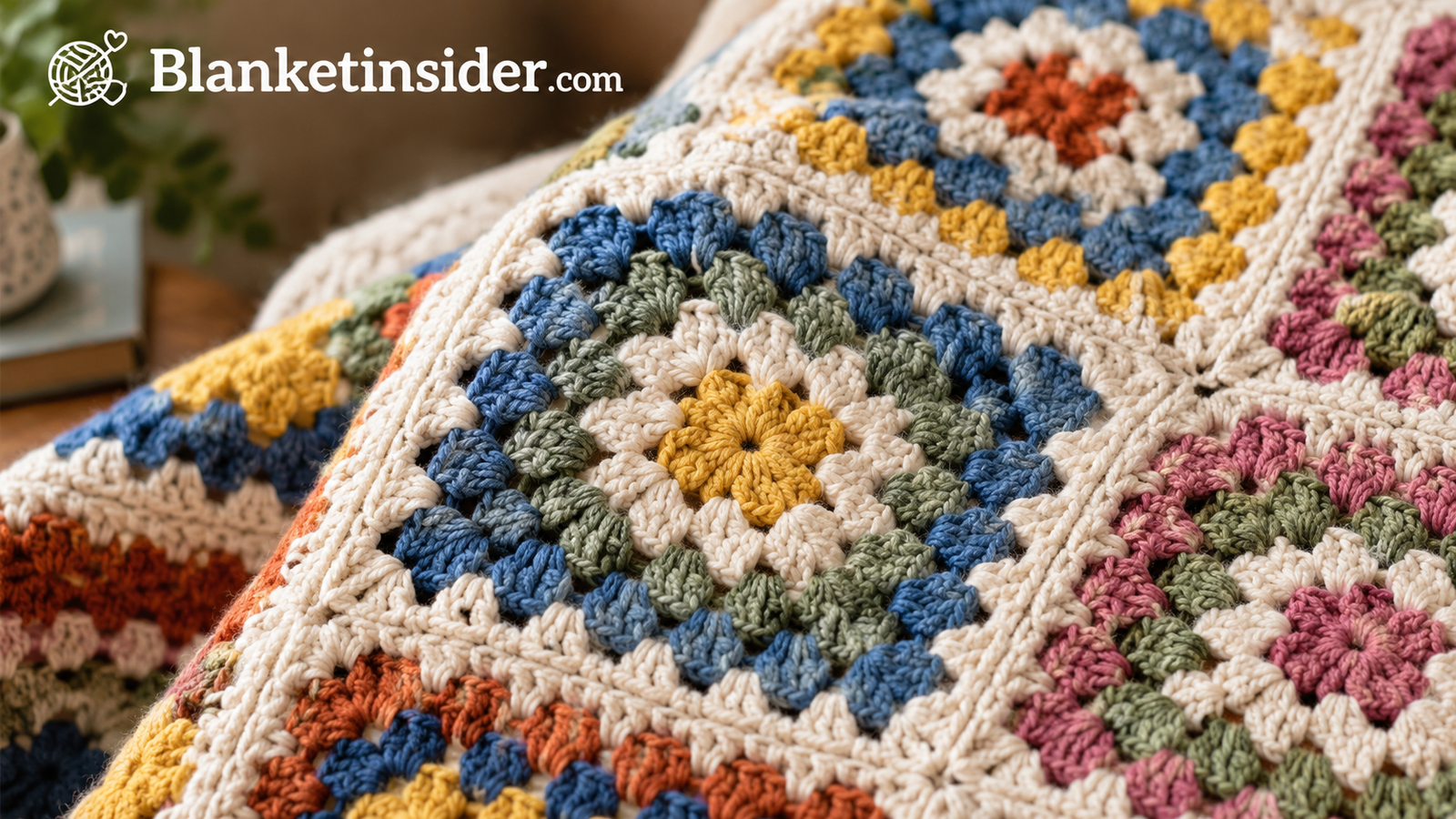 Close-up of granny square crochet pattern on an afghan blanket
