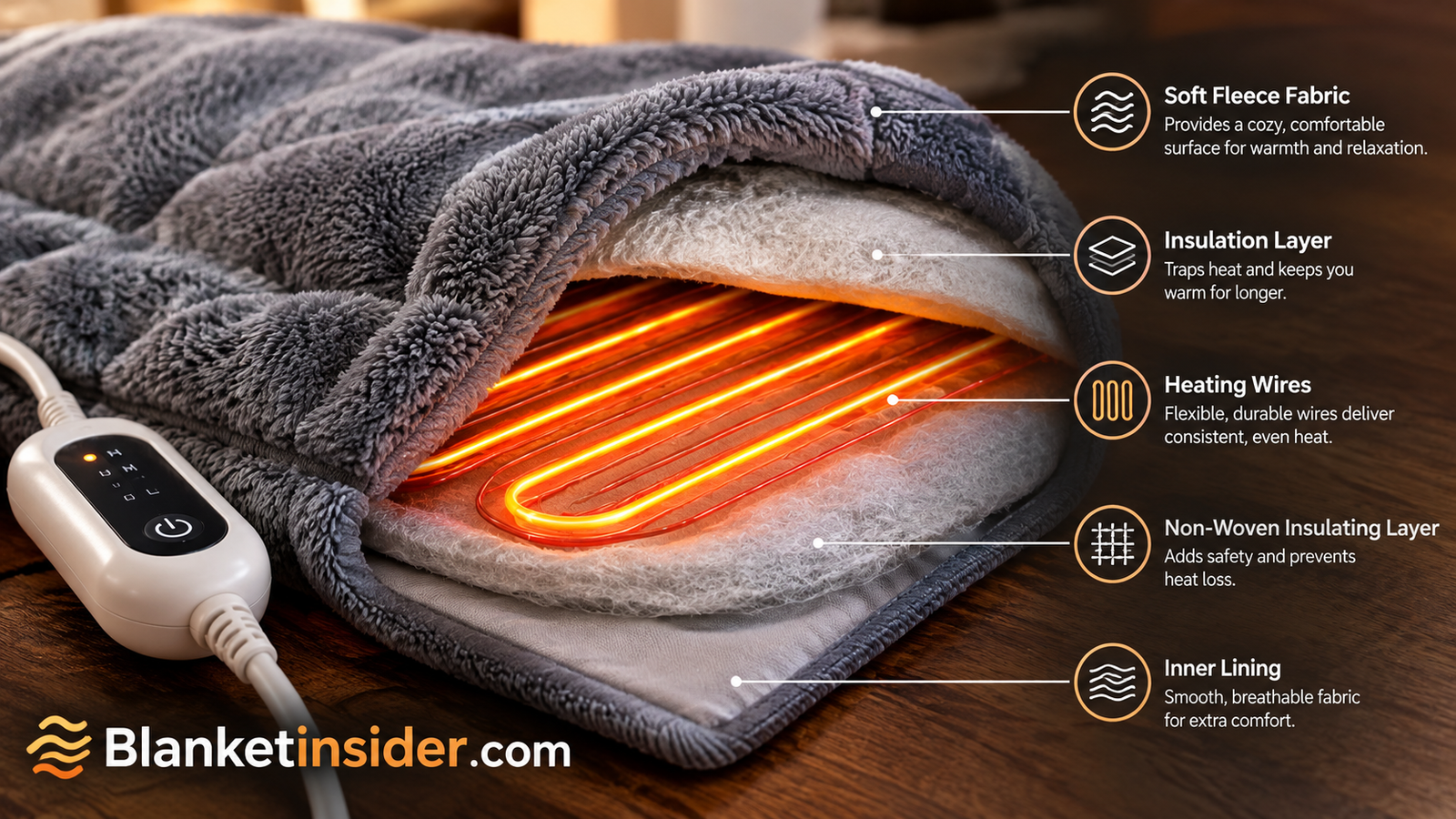 Close-up of heated blanket wiring and fabric layers