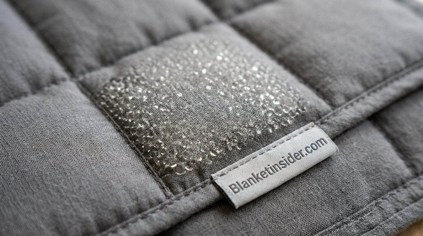 Close-up of weighted blanket fabric showing quilted glass bead pockets