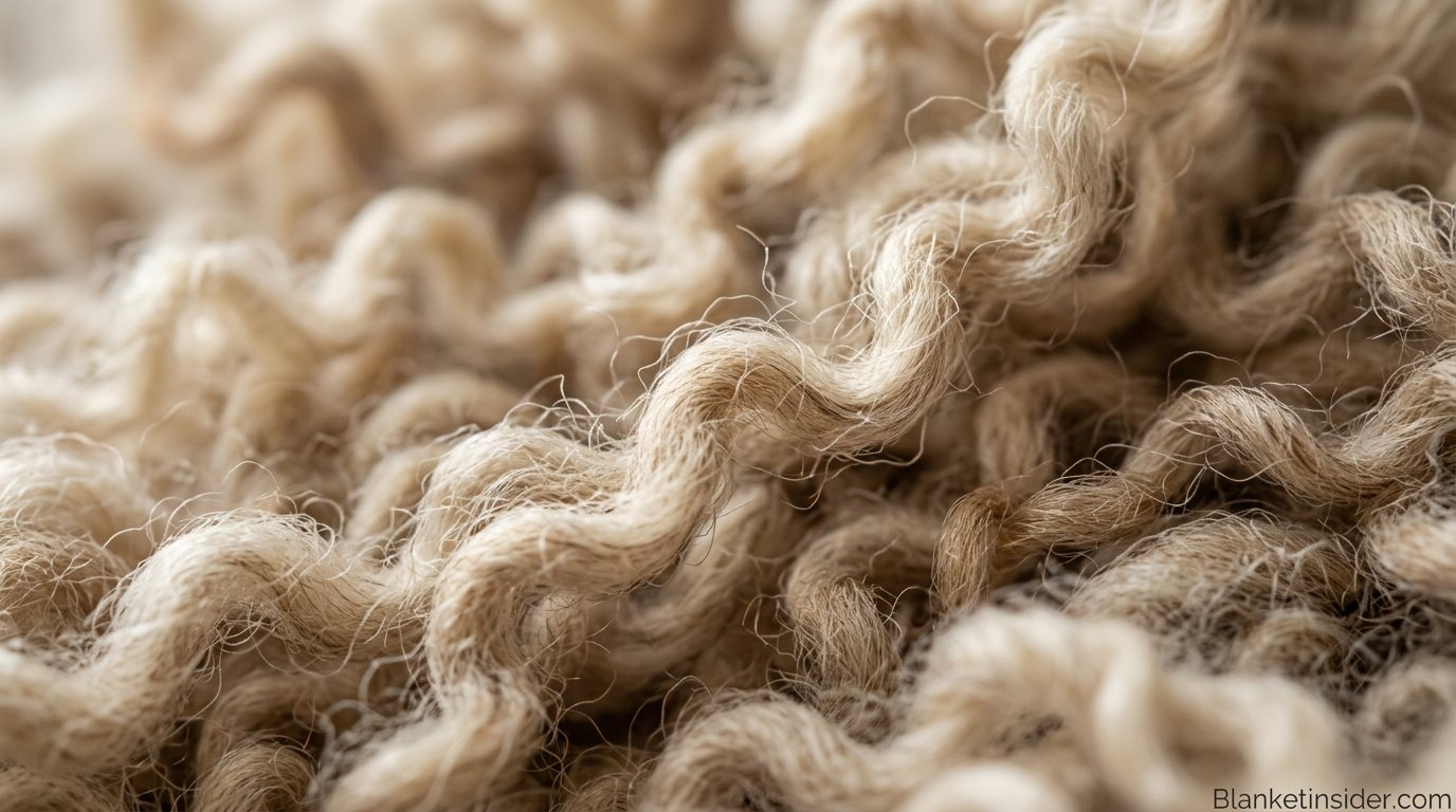 Close-up of wool blanket fibers showing natural crimp and texture