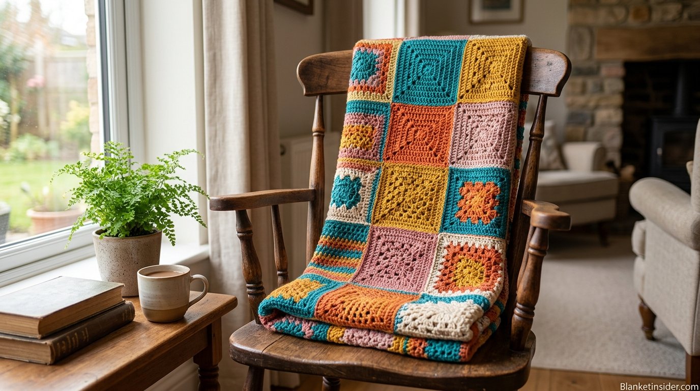 Colorful crocheted afghan blanket folded over a wooden chair