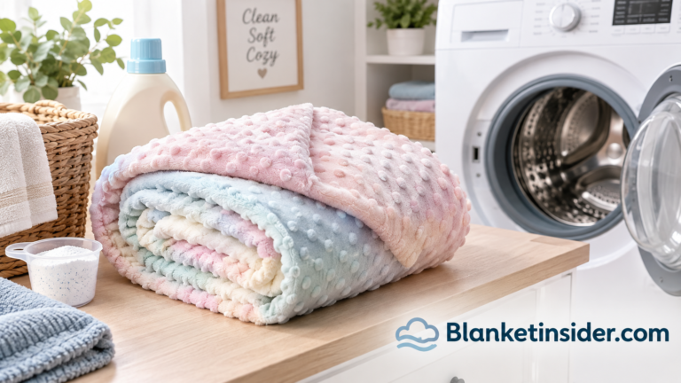 Folded minky blanket in soft pastel tones being prepared for washing