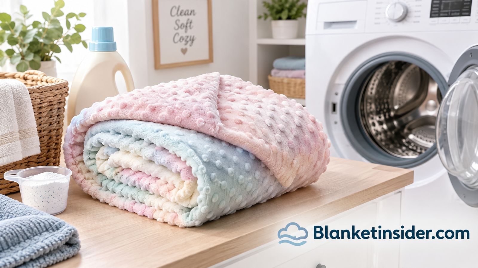Folded minky blanket in soft pastel tones being prepared for washing