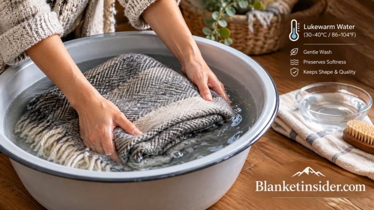Folded wool blanket being gently hand washed in a basin of lukewarm water